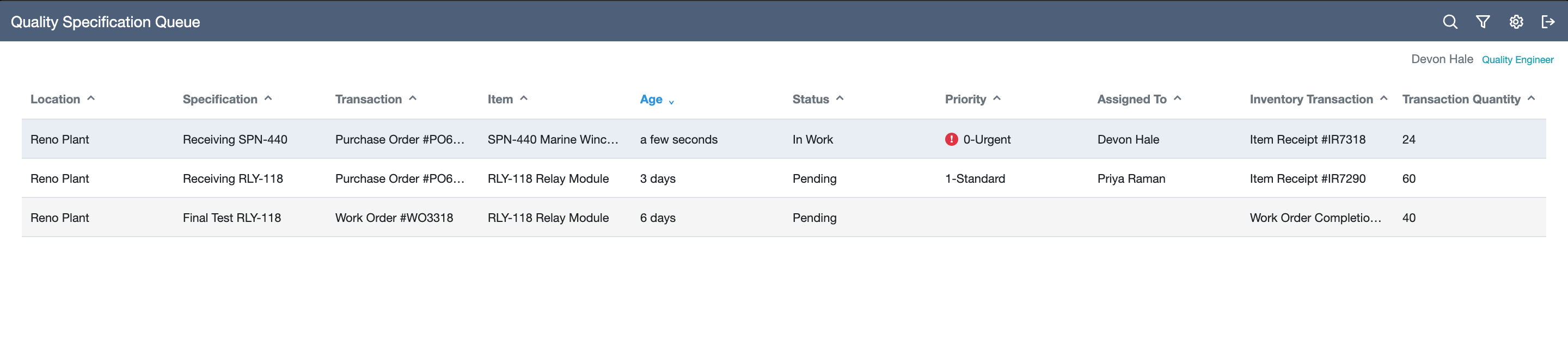 Quality tablet queue with the SPN-440 receipt row showing In Work and 0-Urgent.