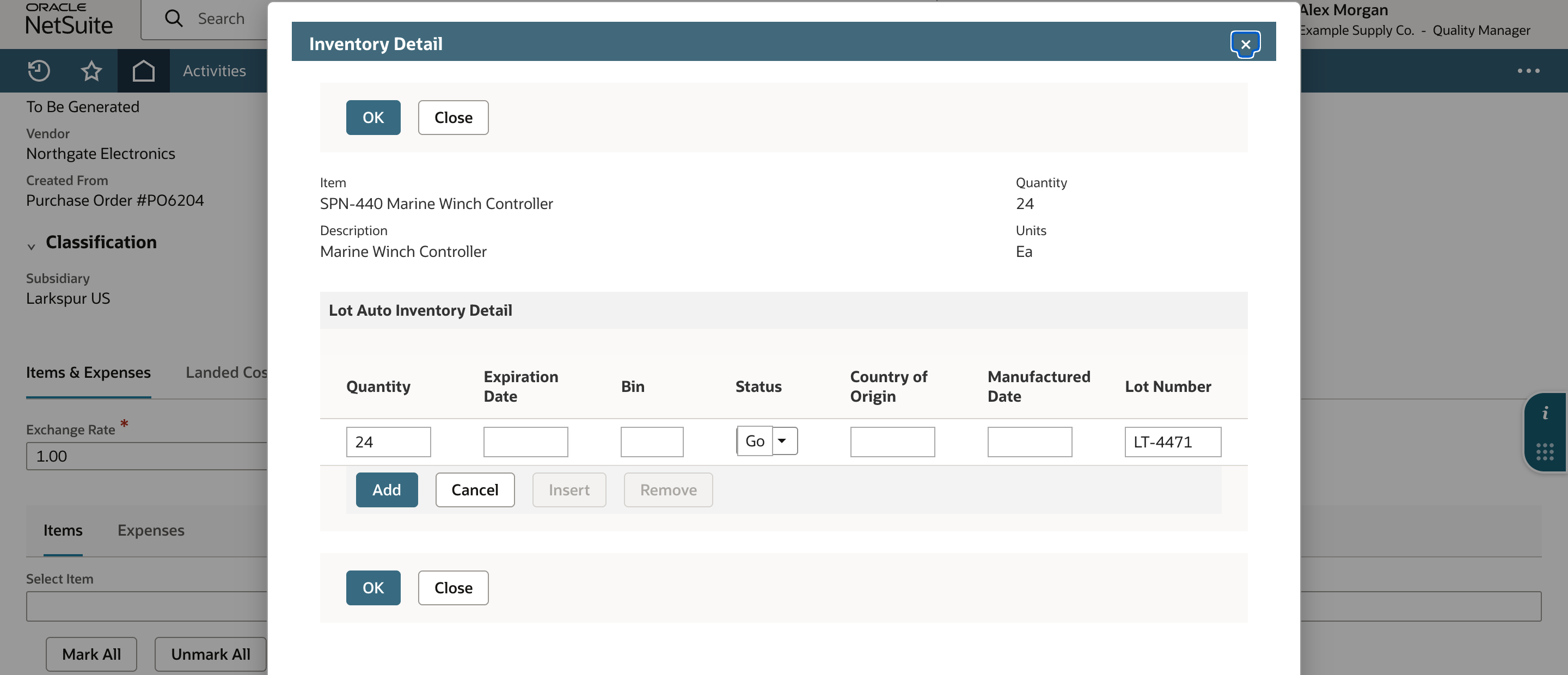 Inventory Detail popup for SPN-440 with Lot Number LT-4471 and Quantity 24.