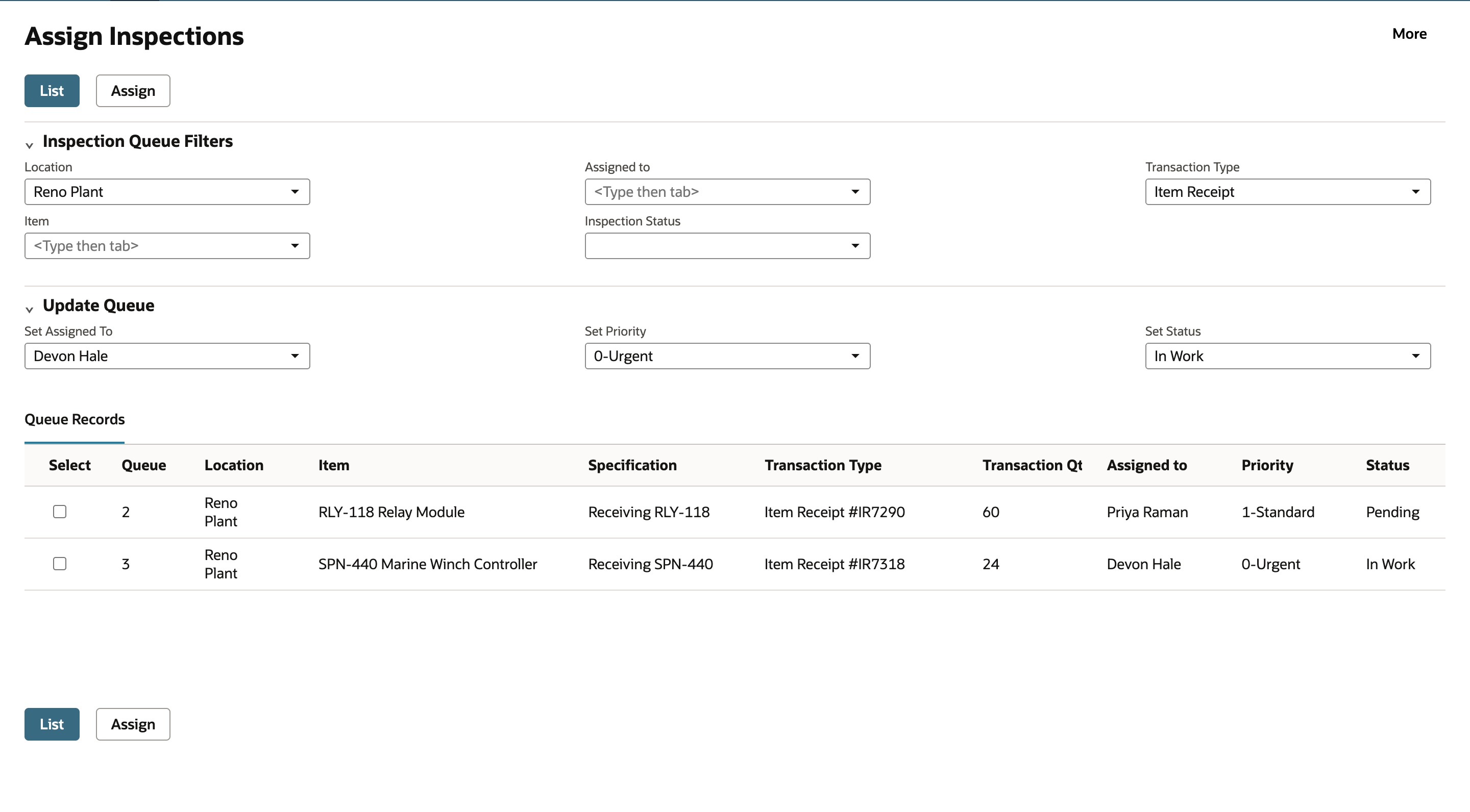 Assign Inspections after listing again, with the SPN-440 row showing Devon Hale, 0-Urgent and In Work.