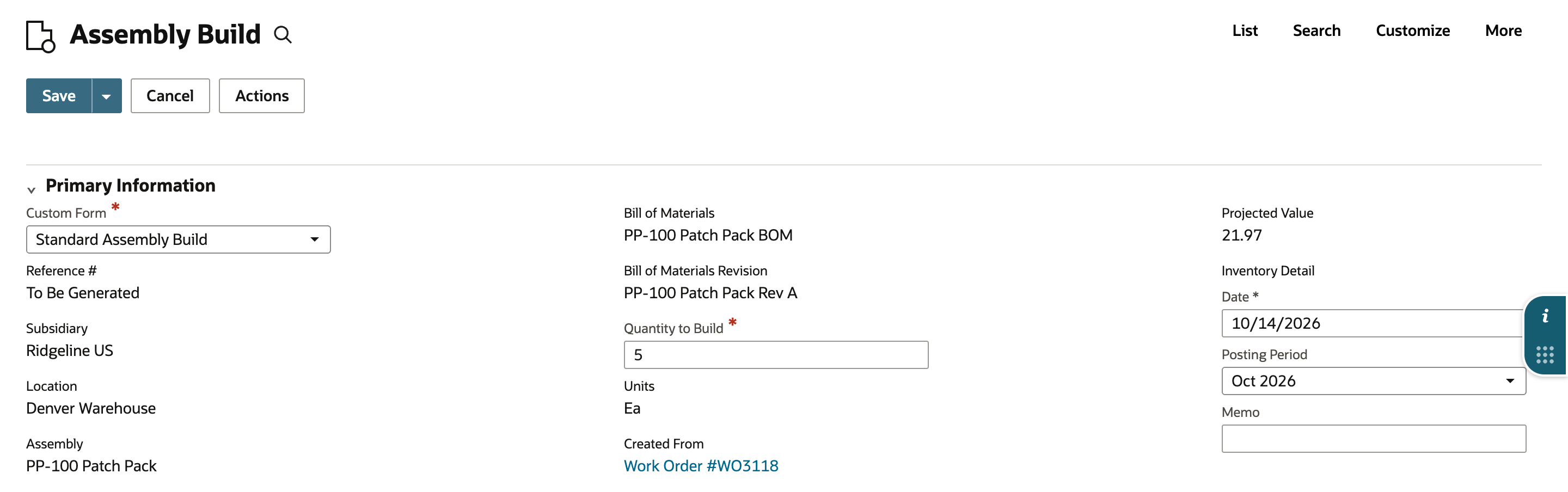 Assembly Build form opened from a work order. Created From links to Work Order #WO3118, Quantity to Build is 5, Units is Ea and Projected Value is 21.97. Subsidiary Ridgeline US, Location Denver Warehouse and Assembly PP-100 Patch Pack are read-only. An arrow points to the Created From link.