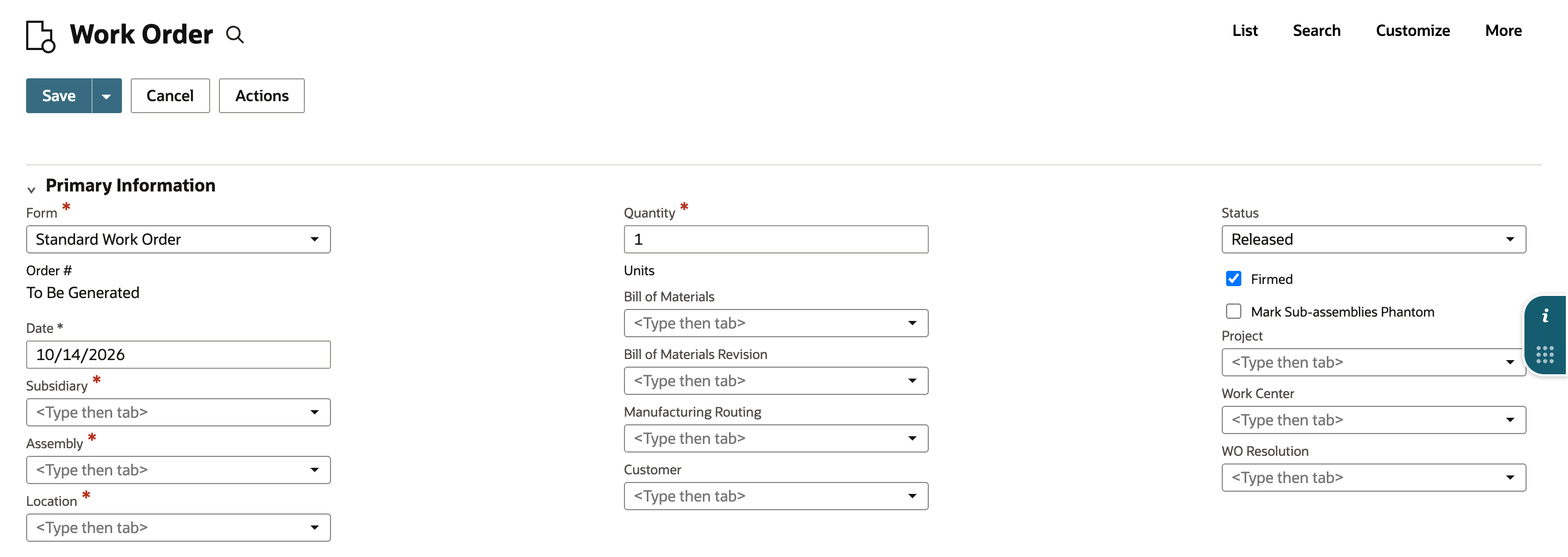 New Work Order form with Status Released and Firmed checked. Subsidiary, Assembly and Location are empty and marked as required, and the Items subtab is empty.