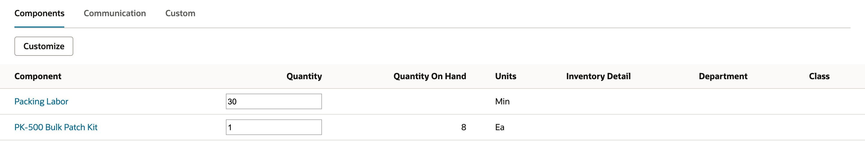 Components subtab of the Assembly Build. Packing Labor has Quantity 30 in Min and no Quantity On Hand. PK-500 Bulk Patch Kit has Quantity 1 in Ea and Quantity On Hand 8. Neither line shows an Inventory Detail icon. An arrow points to the kit's Quantity On Hand of 8.