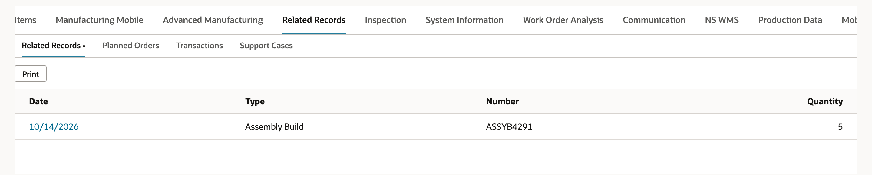 Related Records subtab of work order WO3118 listing an Assembly Build dated 10/14/2026 with number ASSYB4291 and Quantity 5. An arrow points to ASSYB4291.