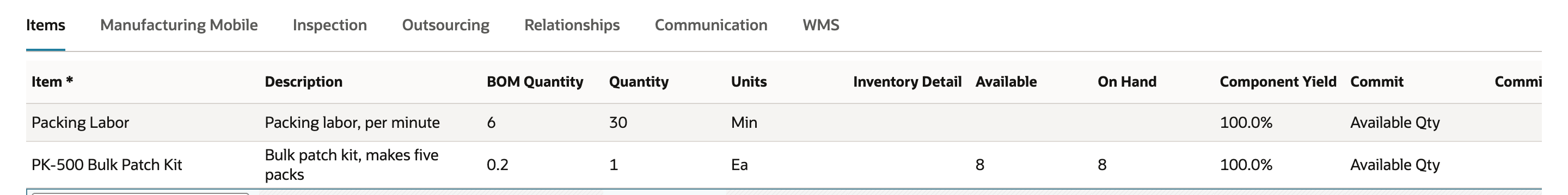 Items subtab of the work order with Quantity 5. Packing Labor has BOM Quantity 6, Quantity 30 and Units Min with no Available or On Hand figure. PK-500 Bulk Patch Kit has BOM Quantity 0.2, Quantity 1, Units Ea, Available 8 and On Hand 8. An arrow points to the labor Quantity of 30.