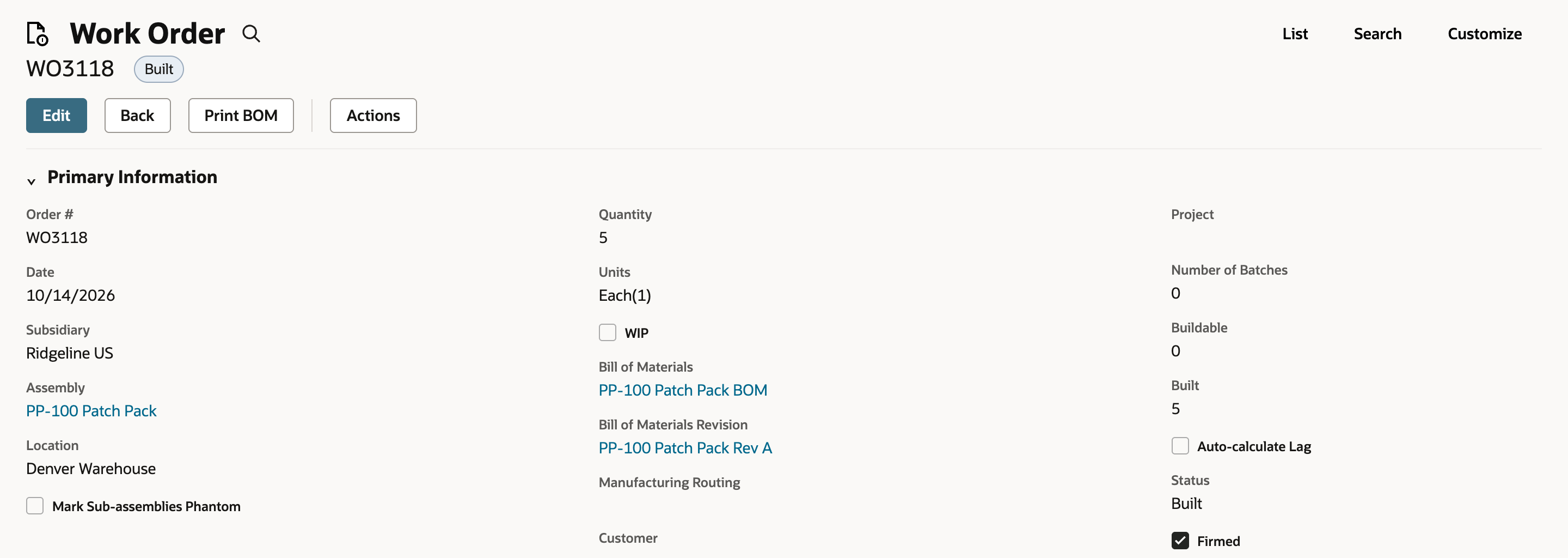 Work order WO3118 with the status Built, Quantity 5, Buildable 0 and Built 5. The action bar lists Edit, Back, Print BOM and Actions. An arrow points to Status Built.