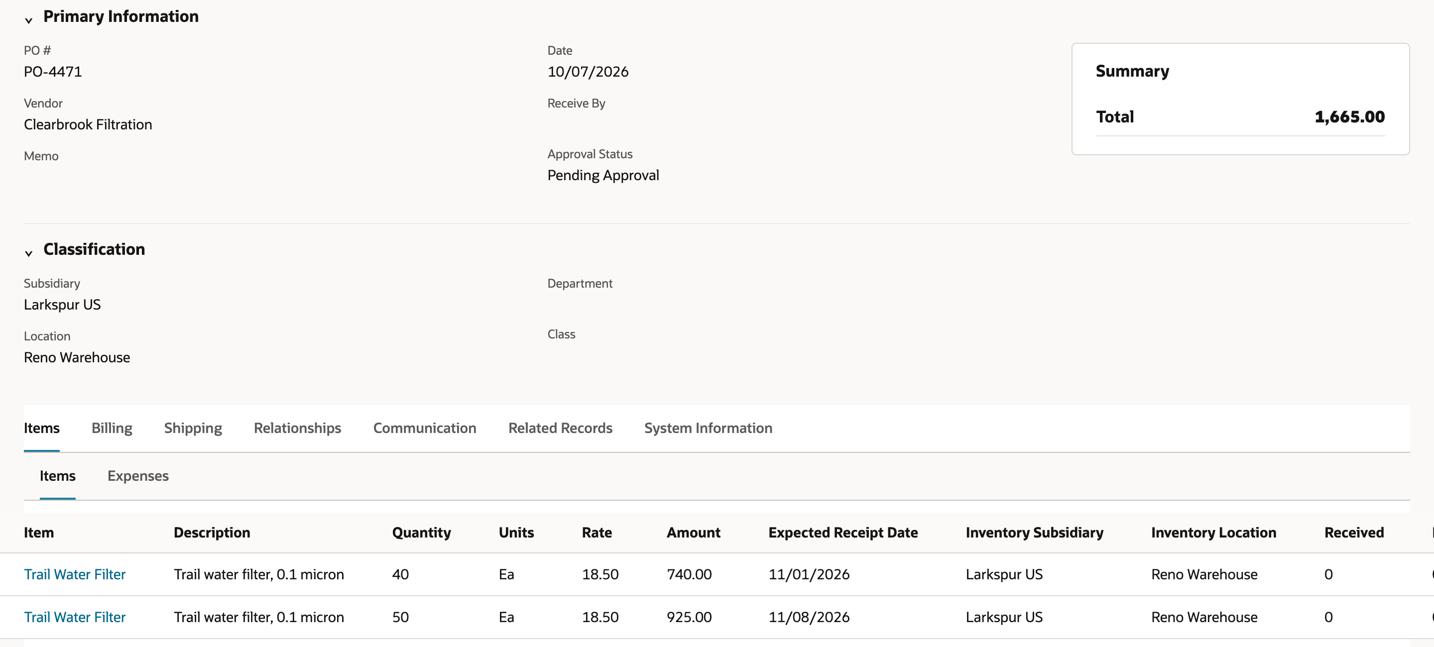 Purchase order PO-4471 for Clearbrook Filtration totals 1,665.00 with two Trail Water Filter lines: 40 Ea expected 11/01/2026 and 50 Ea expected 11/08/2026, both at 18.50 with Received 0.