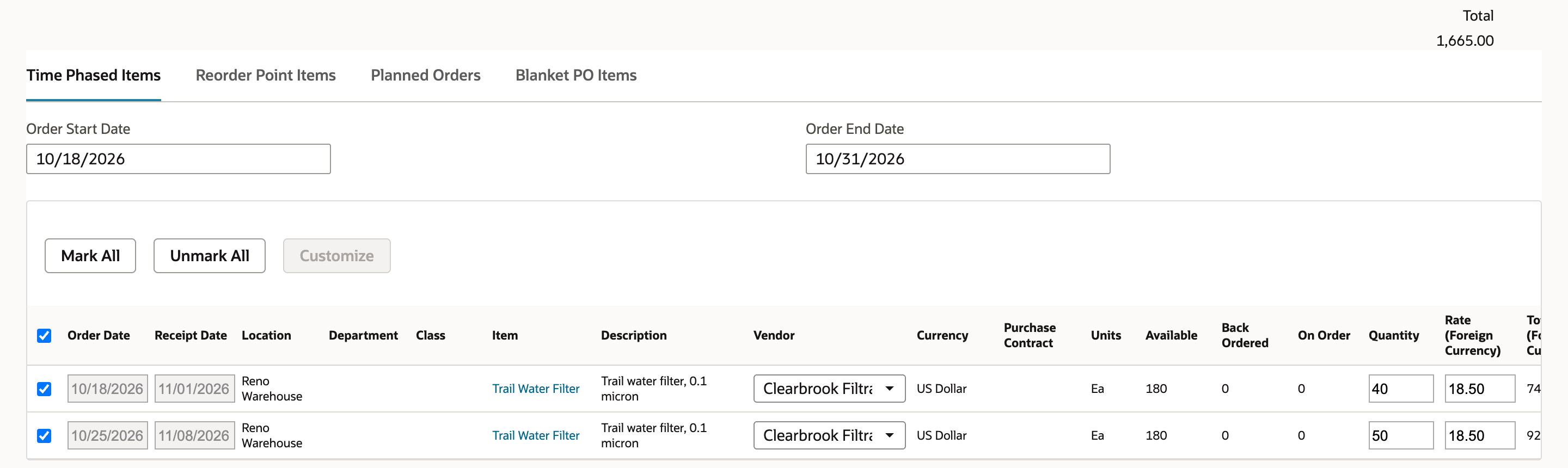 Both Time Phased Items rows are selected and the Total above the subtabs shows 1,665.00.