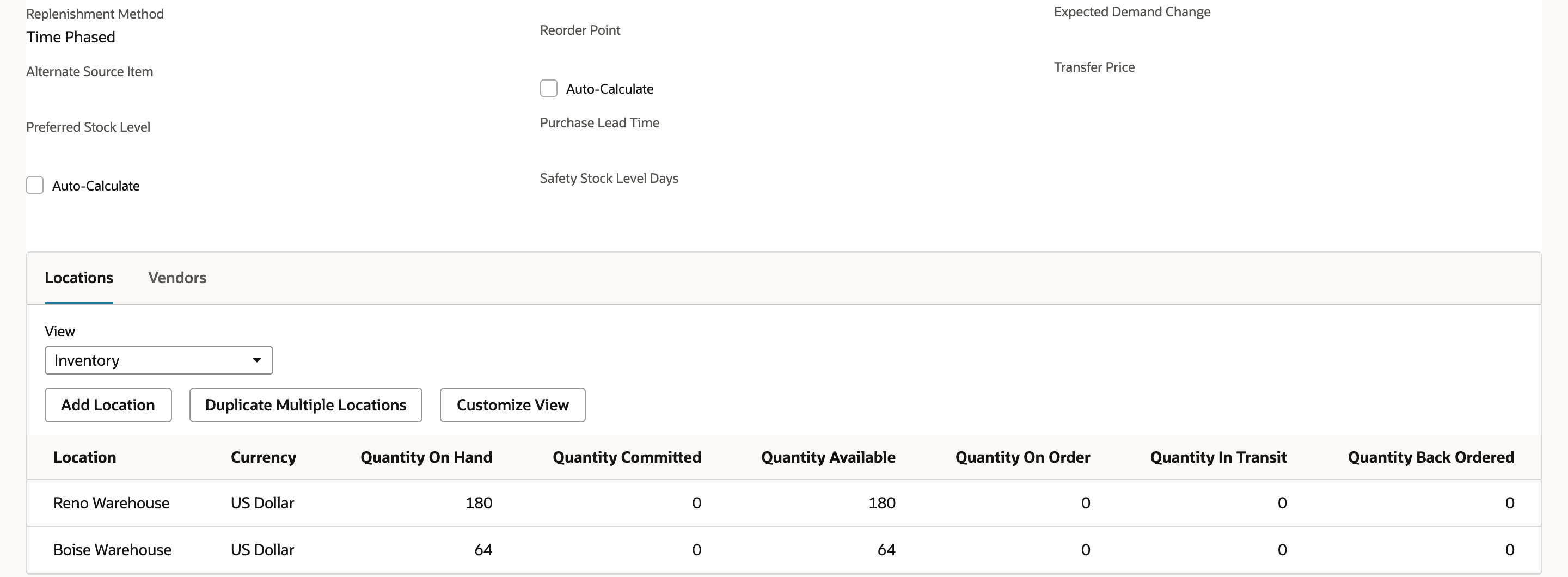The item's Inventory Management section shows Replenishment Method Time Phased, and the Locations sublist shows Reno Warehouse with Quantity On Hand 180, Quantity Available 180, and Quantity On Order 0.