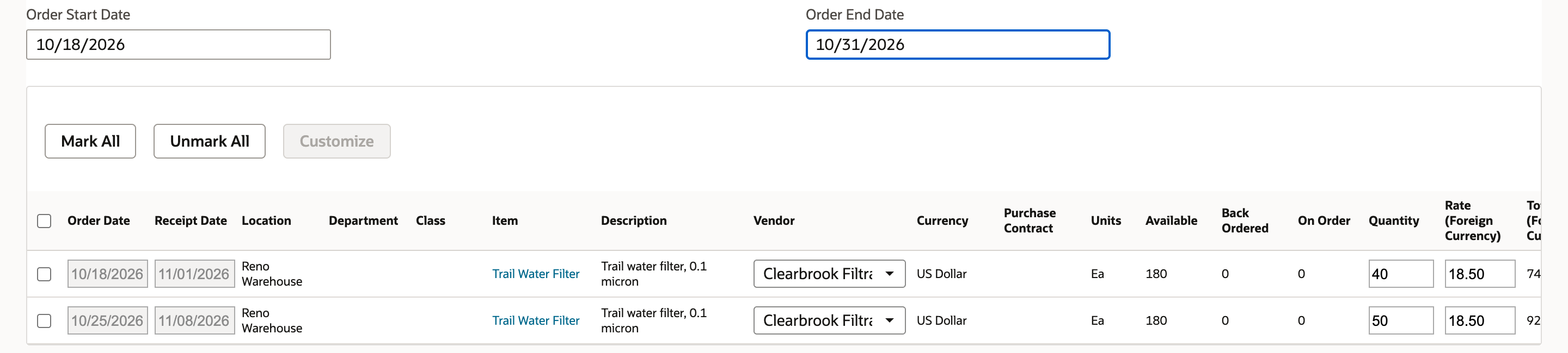 Order Items, Time Phased Items subtab, with Order Start Date 10/18/2026 and Order End Date 10/31/2026 listing two Trail Water Filter rows at Reno Warehouse for Clearbrook Filtration: quantity 40 and 50 at rate 18.50.