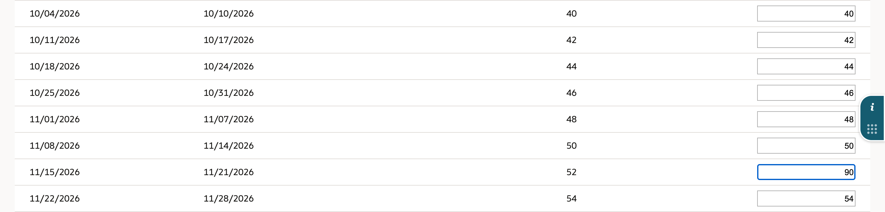 In edit mode, the 11/15/2026 row shows Weekly Calculated 52 and Quantity 90, while the other weeks keep matching values.