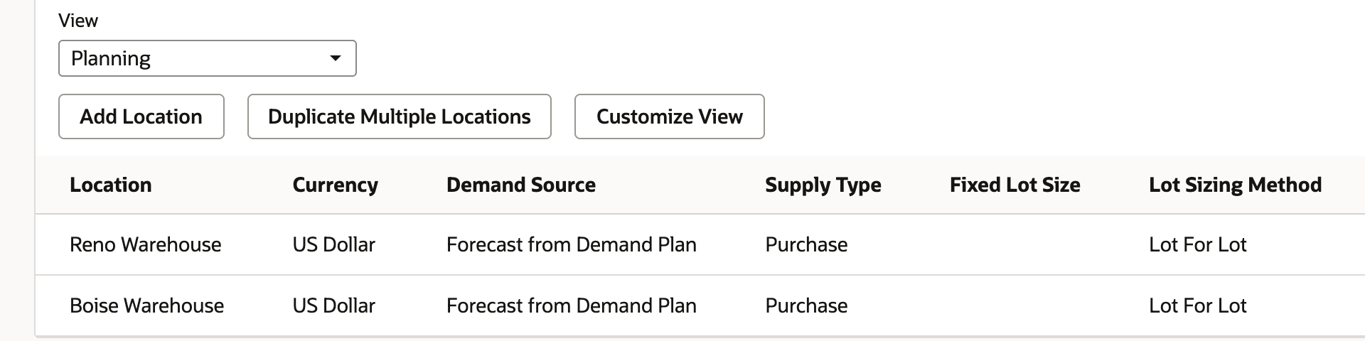 The Planning view of the Locations sublist shows Reno Warehouse with Demand Source Forecast from Demand Plan, Supply Type Purchase, and Lot Sizing Method Lot For Lot.