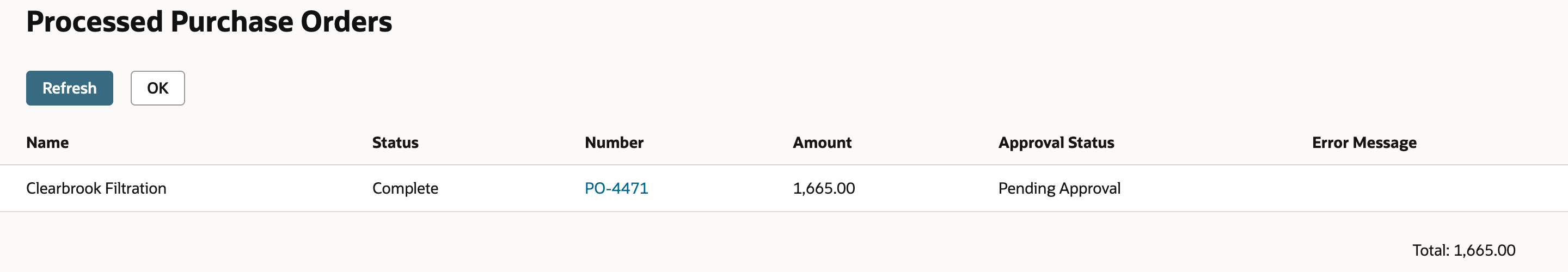 Processed Purchase Orders shows Clearbrook Filtration with Status Complete, Number PO-4471, Amount 1,665.00, and Approval Status Pending Approval.