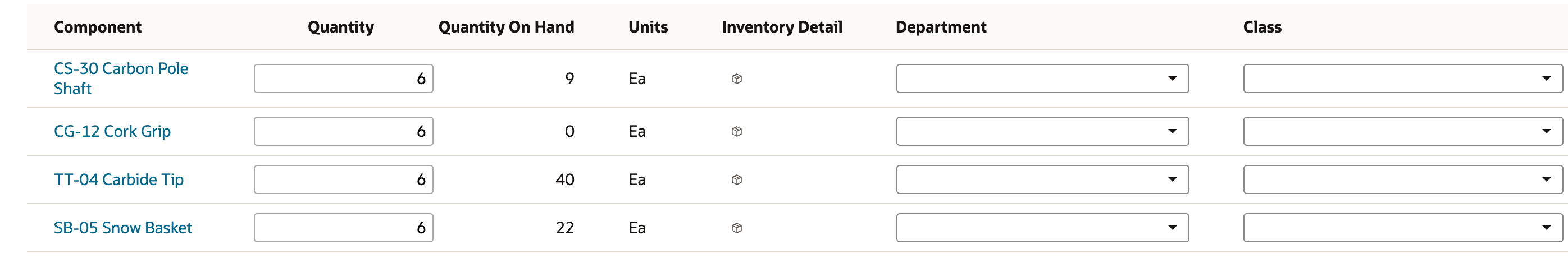 Components subtab with Quantity 6 for CS-30 Carbon Pole Shaft, CG-12 Cork Grip, TT-04 Carbide Tip and SB-05 Snow Basket, and Quantity On Hand 9, 0, 40 and 22