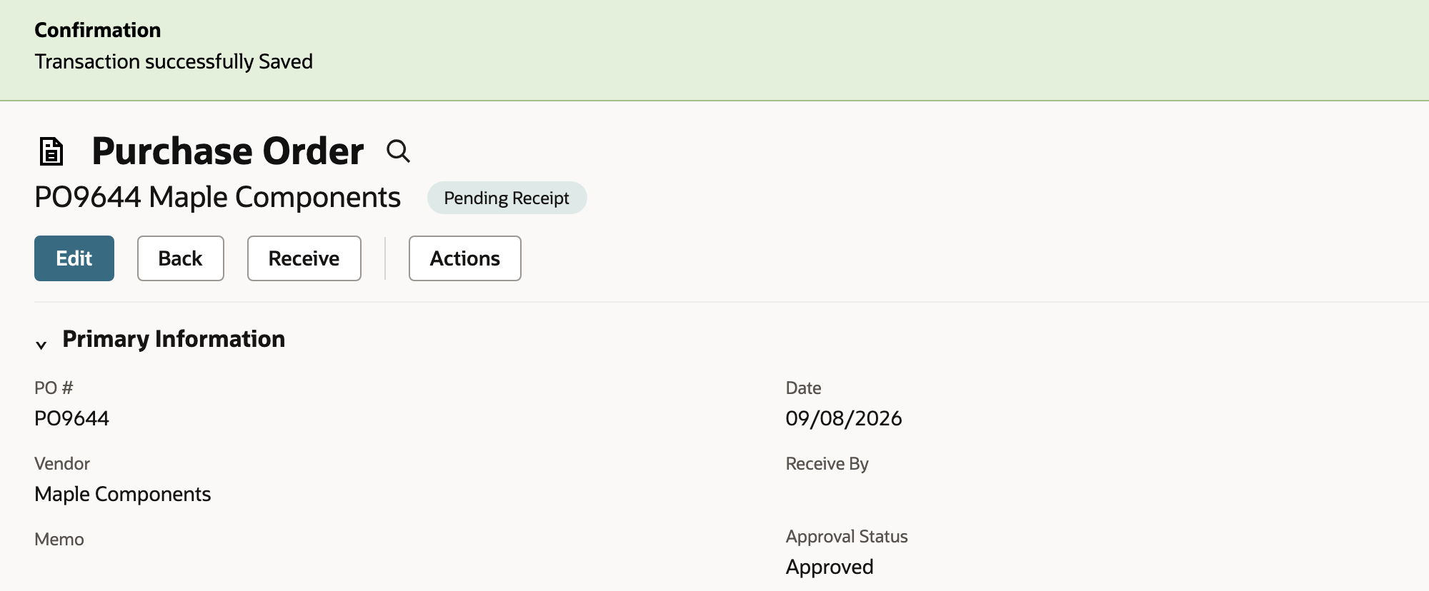 The saved purchase order has received zero of the ordered quantity.