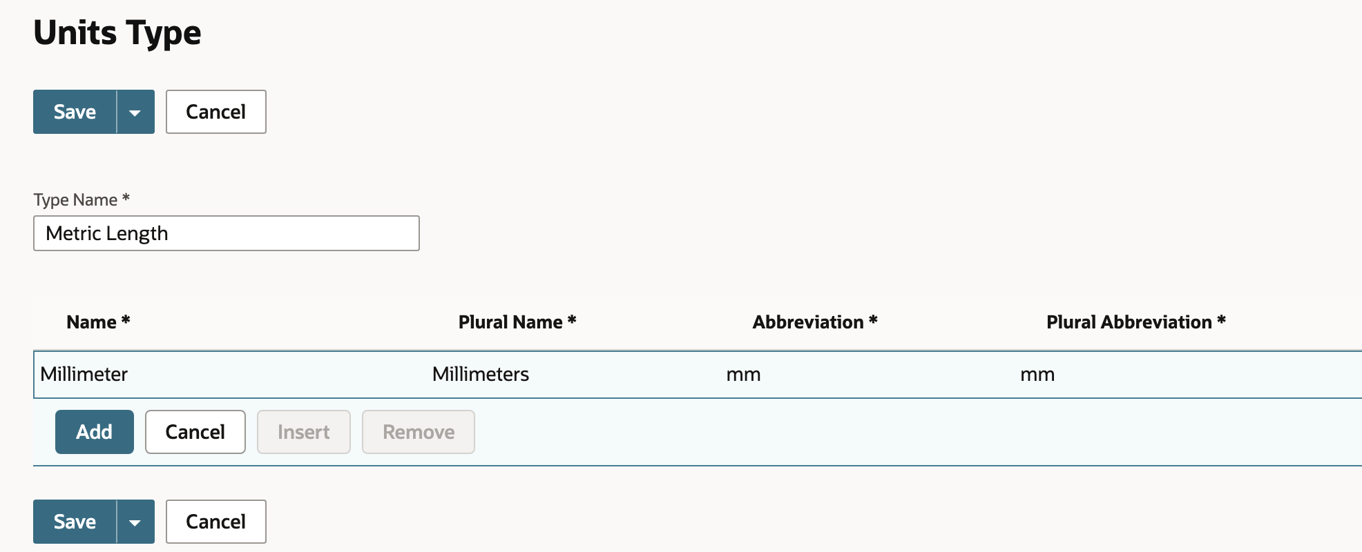 Units Type form with Metric Length and the base-unit row