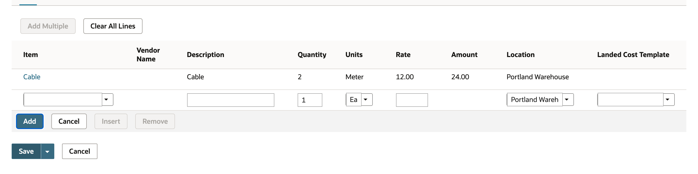The purchase order buys 2 meters at 12.00 per meter.