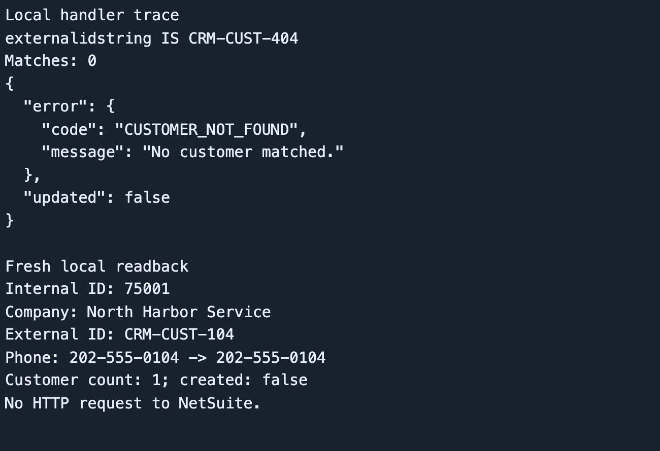 Missing key: zero matches, custom not-found error, original customer and phone unchanged, no creation. Local exercise only.