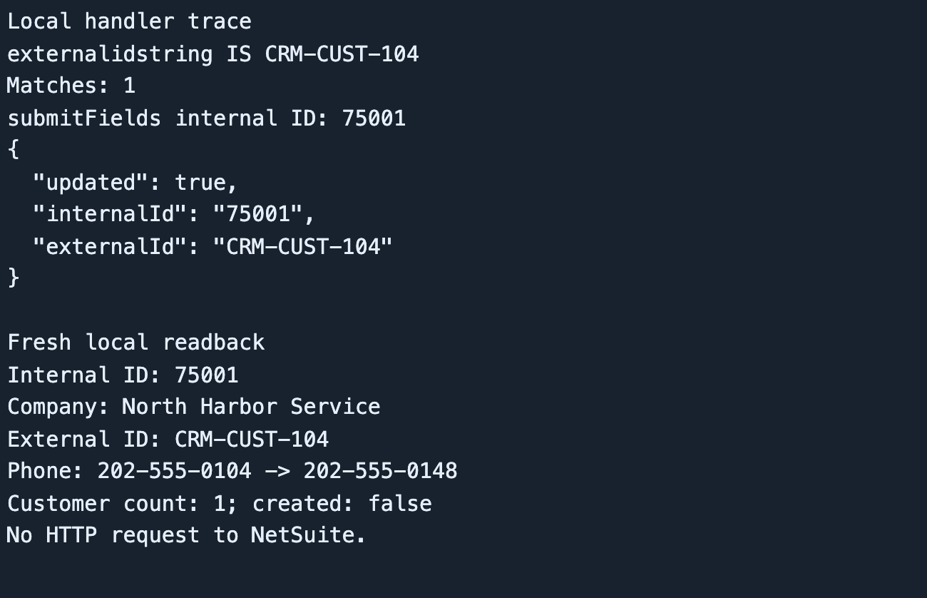 One match resolves internal ID 75001. Fresh local readback confirms the same external ID, new phone and unchanged customer count.