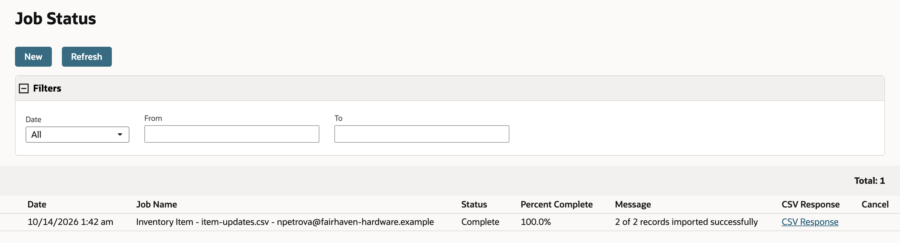 Job Status listing the Inventory Item - item-updates.csv job as Complete at 100.0% with the message 2 of 2 records imported successfully.