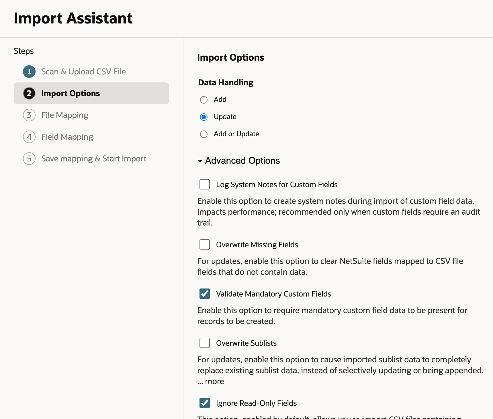 Import Options with Update selected under Data Handling and Advanced Options open, where Overwrite Missing Fields is unchecked.