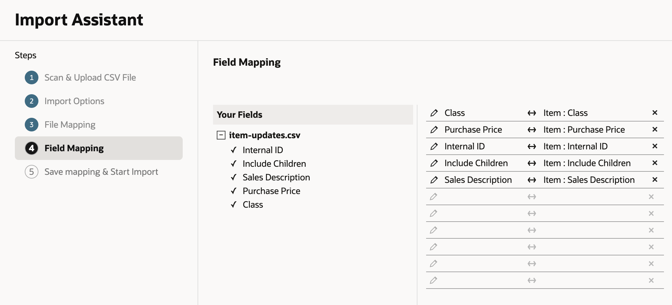 Field Mapping listing Class, Purchase Price, Internal ID, Include Children and Sales Description, each mapped to the Item field of the same name.