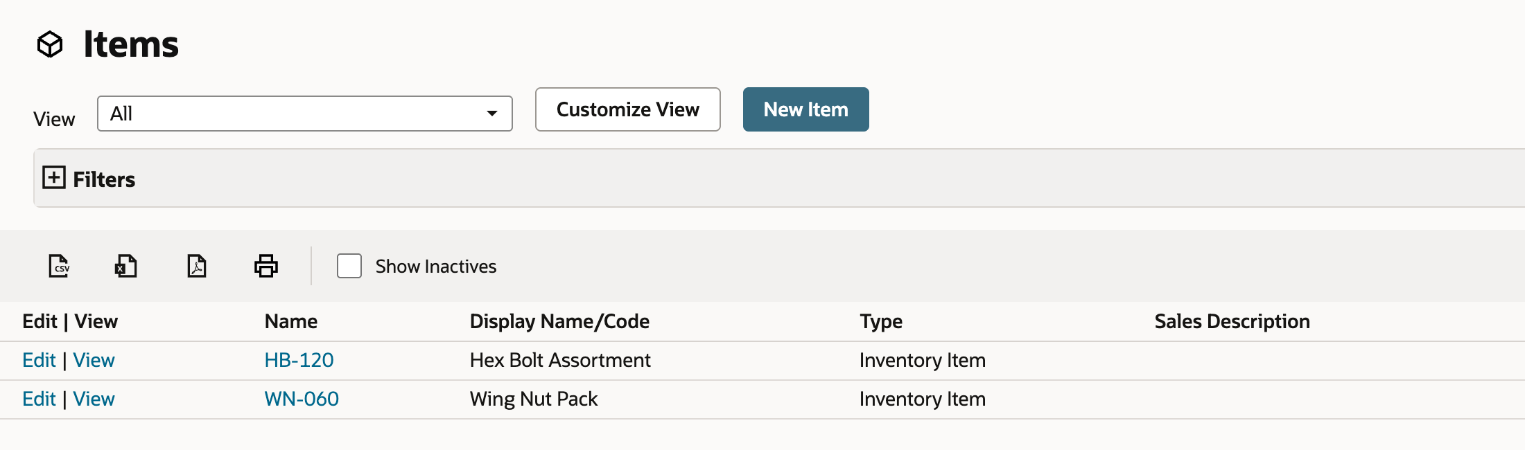 The Items list with HB-120 Hex Bolt Assortment and WN-060 Wing Nut Pack, both with an empty Sales Description.