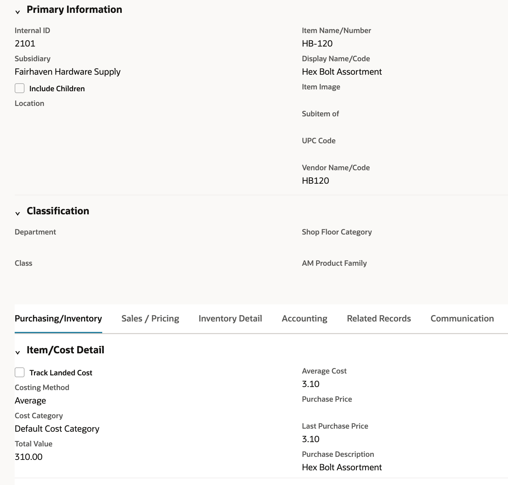 The HB-120 item record with Internal ID 2101, Include Children cleared, an empty Class and an empty Purchase Price.