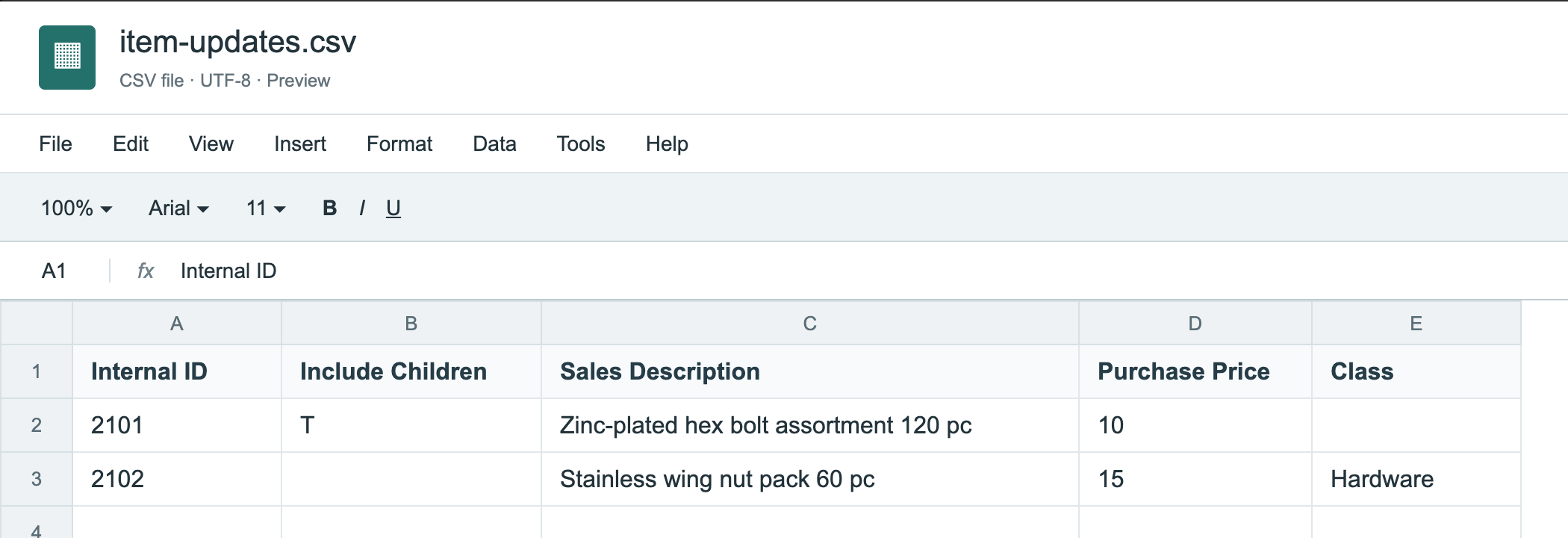 item-updates.csv with the headers Internal ID, Include Children, Sales Description, Purchase Price and Class and one row each for items 2101 and 2102.