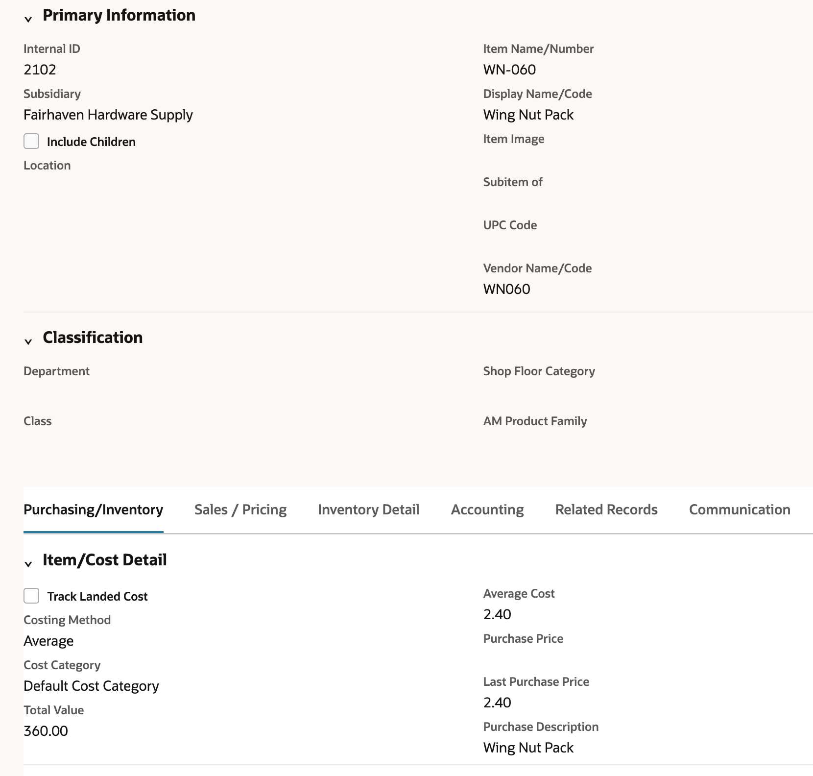 The WN-060 item record with Internal ID 2102, Include Children cleared, an empty Class and an empty Purchase Price.