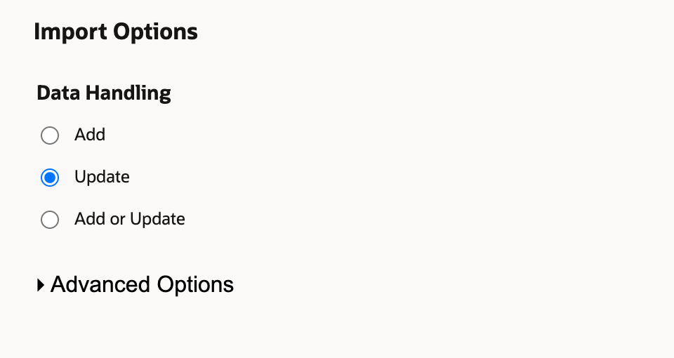 Import Options has Update selected under Data Handling.