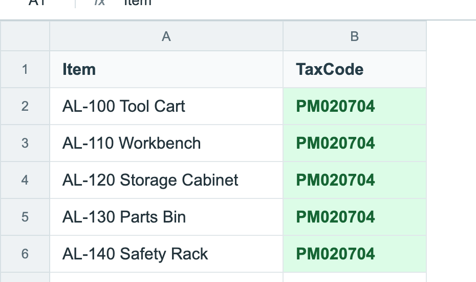 A two-column CSV shows Item names beside TaxCode values for five inventory items.