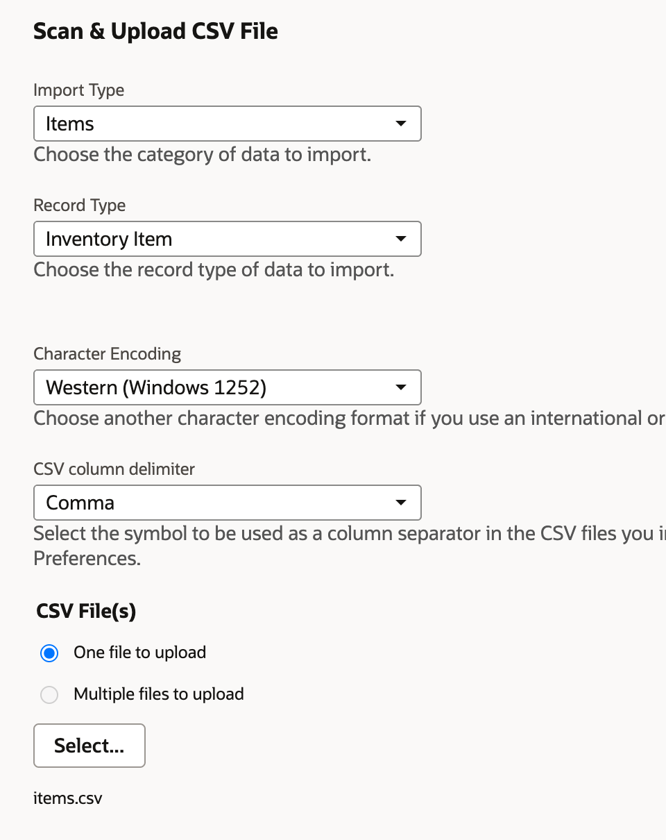 Import Assistant shows Items, Inventory Item and the selected items.csv file.