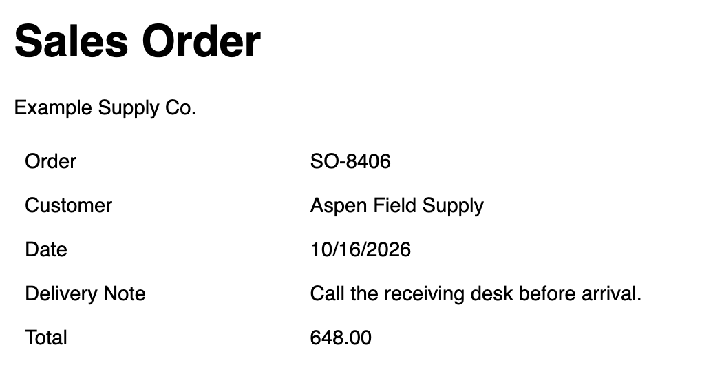 The checked order prints the complete Delivery Note row.