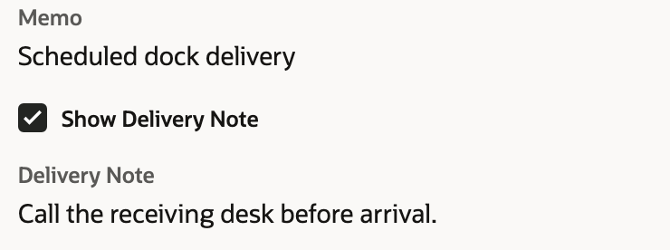 Show Delivery Note is checked, and the order holds the receiving-desk instruction.