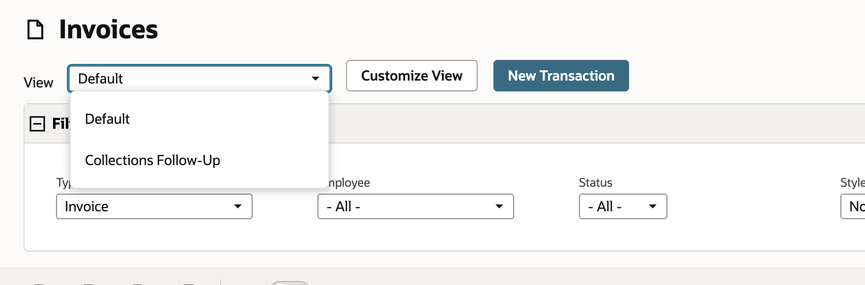 The View dropdown on the Invoices list is open and lists Default and Collections Follow-Up.