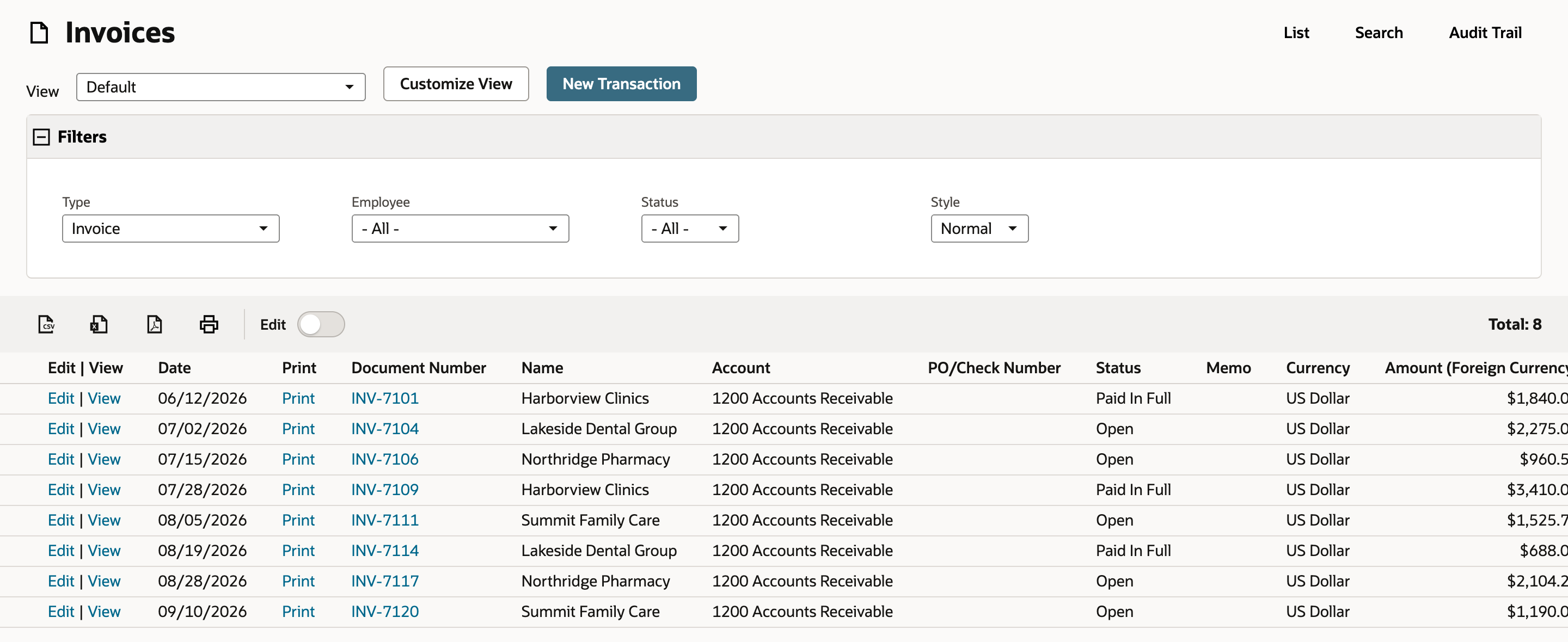 The Invoices list with View Default, a Customize View button, Type, Employee, Status, and Style filters, and Total: 8 invoices, some Open and some Paid In Full.