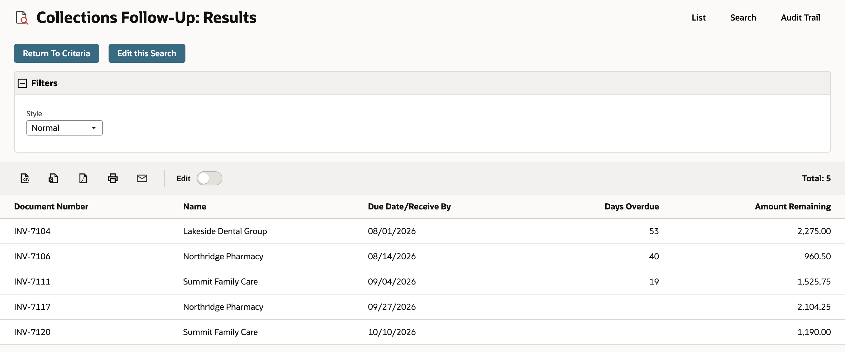 Collections Follow-Up: Results shows Total: 5 open invoices, INV-7104 through INV-7120, with Due Date/Receive By, Days Overdue, and Amount Remaining.