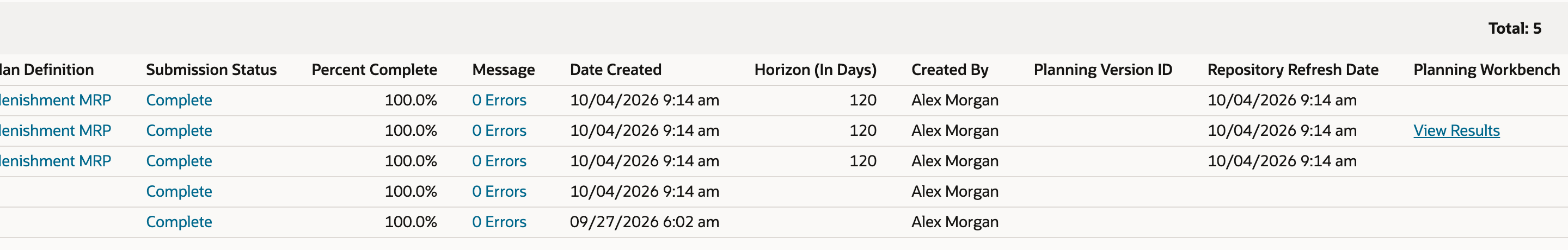 The event log scrolled right, showing the View Results link in the Planning Workbench column of the Material Requirements Planning row.