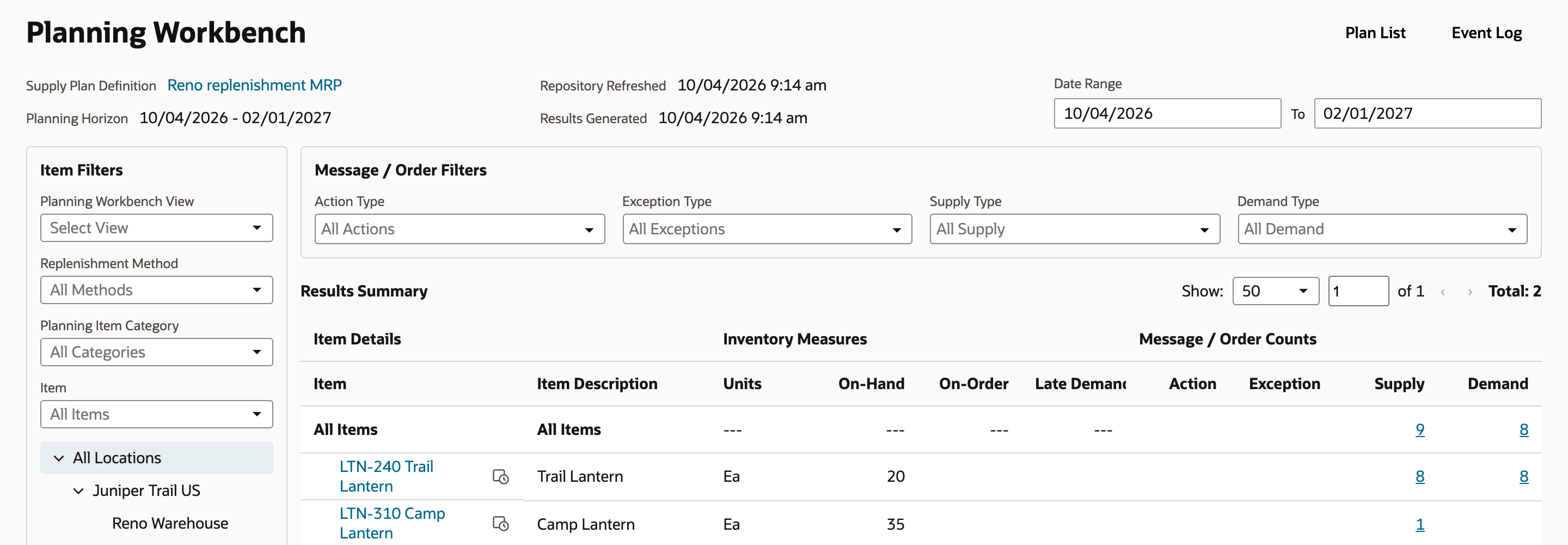 Planning Workbench for Reno replenishment MRP, horizon 10/04/2026 - 02/01/2027, with LTN-240 Trail Lantern showing On-Hand 20, Supply 8 and Demand 8 in Results Summary.