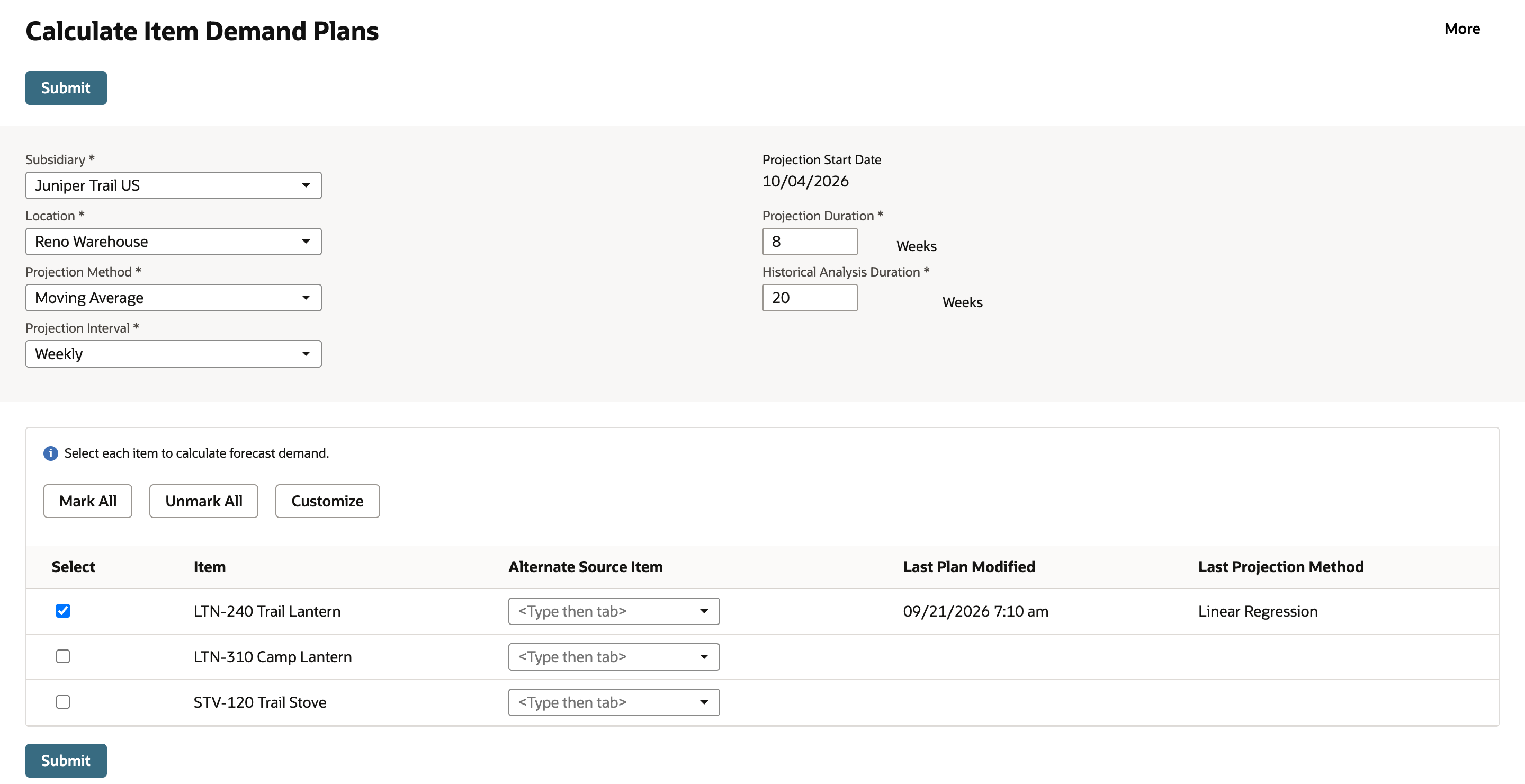 Calculate Item Demand Plans with Juniper Trail US, Reno Warehouse, Moving Average, Weekly, Projection Duration 8 and Historical Analysis Duration 20, and only LTN-240 Trail Lantern checked, last modified 09/21/2026 with Linear Regression.