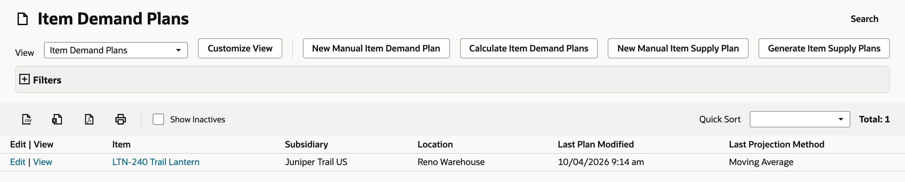 Item Demand Plans list with one row: LTN-240 Trail Lantern, Juniper Trail US, Reno Warehouse, Last Plan Modified 10/04/2026 9:14 am, Last Projection Method Moving Average.