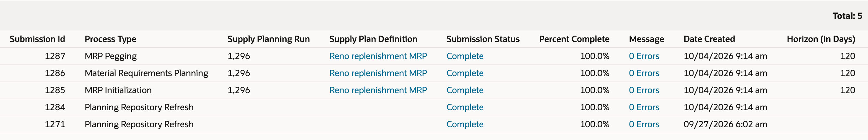 Supply Planning Event Log with MRP Pegging, Material Requirements Planning, MRP Initialization and Planning Repository Refresh rows all Complete, 100.0%, 0 Errors.