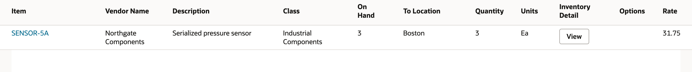 Item Receipt line for SENSOR-5A showing Quantity 3 Ea and its Inventory Detail View control