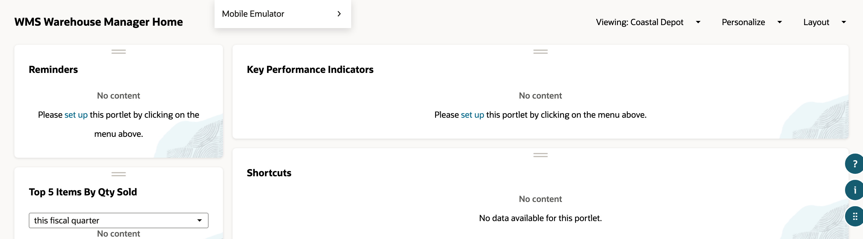 Confirm the WMS Warehouse Manager home page is viewing the intended warehouse.